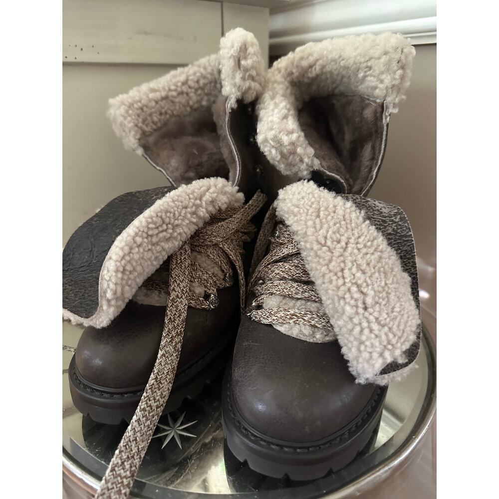 Barney's New York Leather Shearling Lined Fur Boots Brown Italy combat new sz 38